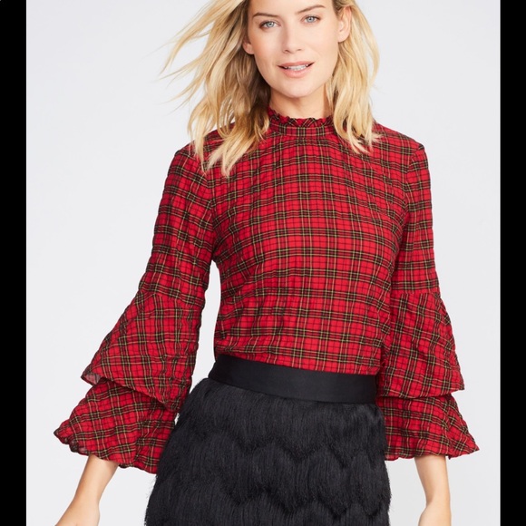 J. McLaughlin Tops - J. McLaughlin Red Plaid Holiday Bell Sleeve Top L